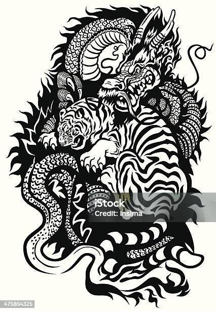 Drachen Und Tiger Fighting Stock Vektor Art und mehr Bilder von Drache - Drache, Tätowierung, Tiger