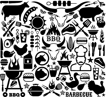 A collection of illustrations and icons with barbecue symbols.  The barbecue illustrations are done in black color on white background. Images included in the symbols include a longhorn, barbecue grill, pig, a cow, a grill,chef,  grilling tools like a spatula and spit, and flames. The acronym 