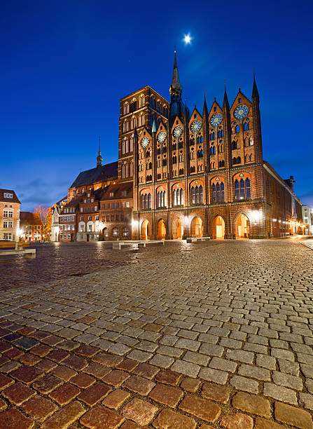 Detail from the Old Town Hall (now Museum of Bourgeois Art) on the Market Square or Rynek square at night in Wroclaw, Poland.