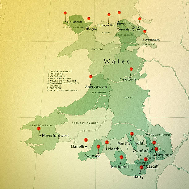 Wales Map Square Cities Straight Pin Vintage 3D Render of a Map of Wales with Straight Pins at the Position of important Cities. Vintage Color Style. Very high resolution available! merthyr tydfil stock pictures, royalty-free photos & images
