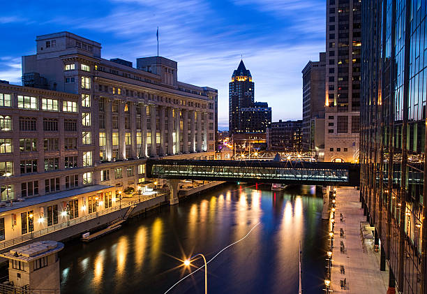 Milwaukee Cityscape of the river downtown The Milwaukee river is always a great location for beautiful photographs with lots of color and reflections. milwaukee wisconsin stock pictures, royalty-free photos & images