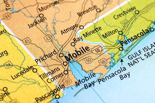 Map of Mobile City in Alabama State, USA Map of Mobile City in Alabama State, USA. Detail from the World Map. map of alabama cities stock pictures, royalty-free photos & images