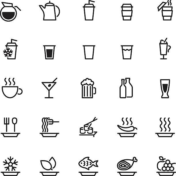 ilustraciones, imágenes clip art, dibujos animados e iconos de stock de veinticinco negro iconos de alimentos aislado en blanco - white background container silverware dishware