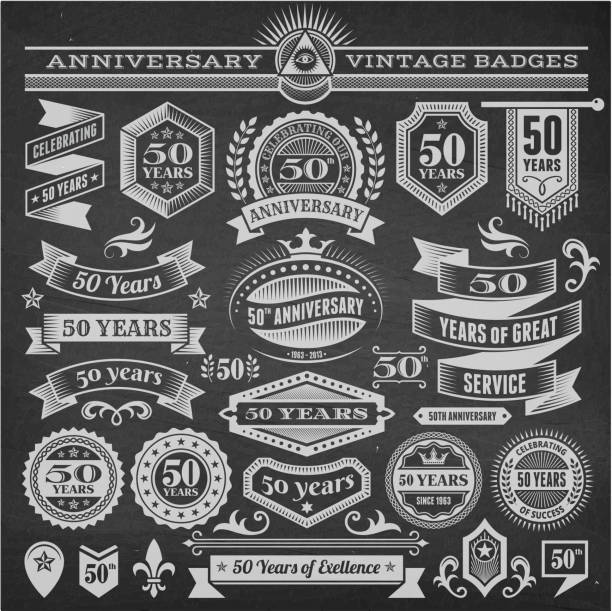 fifty year anniversary hand-drawn chalkboard royalty free vector background. This image depicts a black chalkboard with multiple fifty year anniversary announcement designs. There is chalk dust remaining on the chalkboard and the chalkboard texture serves a perfect backdrop for making the fifty year anniversary announcements look authentic and elegant.