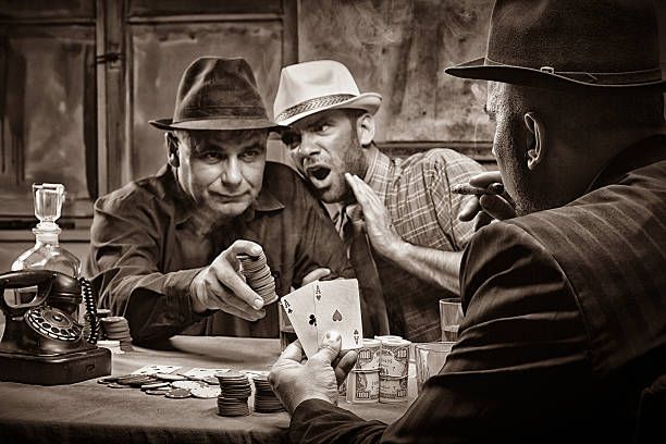 Poker Three men, poker game, money on the table, cigar smoke - The grain and texture added mafia boss stock pictures, royalty-free photos & images