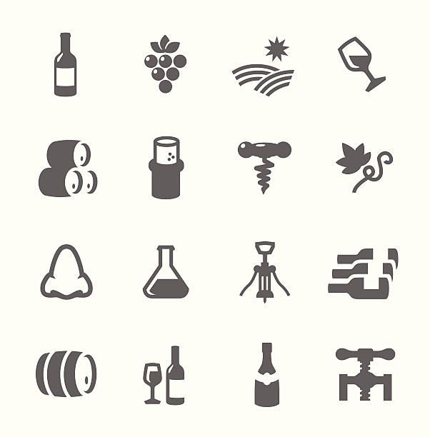 ilustraciones, imágenes clip art, dibujos animados e iconos de stock de conjunto de iconos simple relacionados con la producción de vinos - wine pouring wineglass red