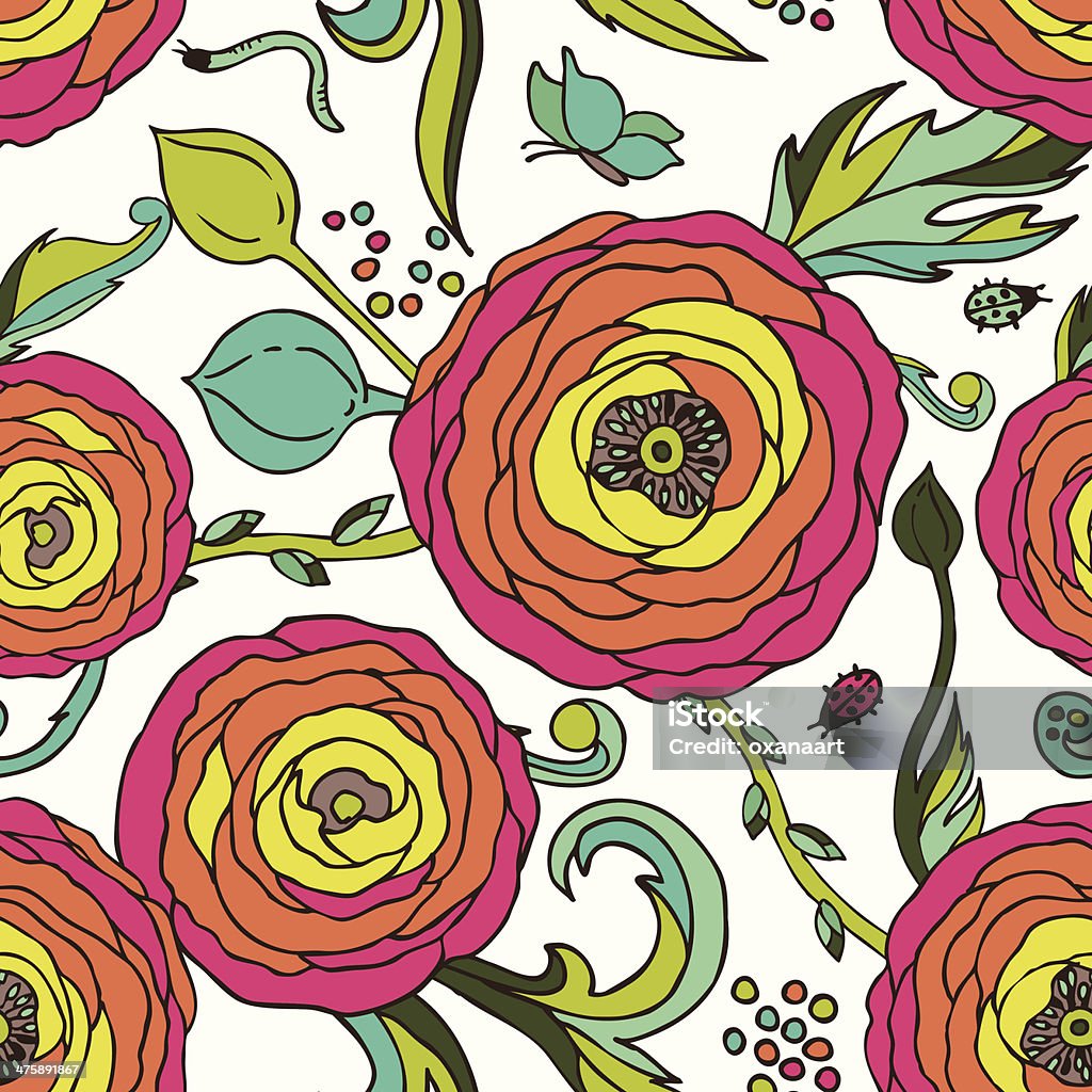 Ranunculus-rose flowers seamless vector pattern Ranunculus-rose flowers seamless vector pattern with flowers, leaves, insects in vivid colors Abstract stock vector