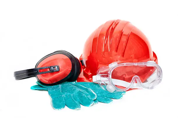 Construction worker safety protection gear and accessories isolated on white background