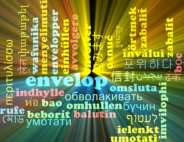 Photo of Envelop multilanguage wordcloud background concept glowing