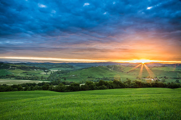 istock Green fields in the valley at sunset, Tuscany, Italy 475905766