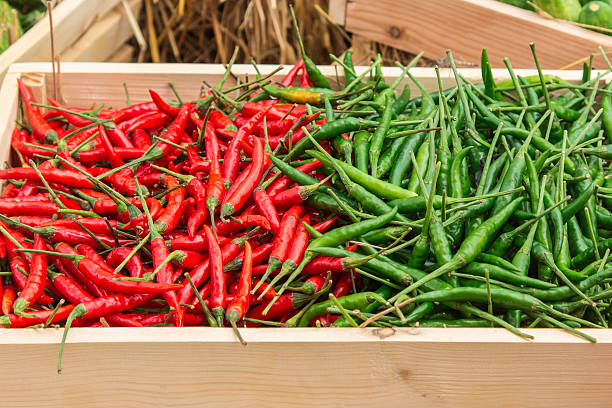 istock red and green pepper on shelf in market. 475906020