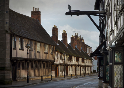 King Edward VI School (where William Shakespeare was educated) and ancient buildings in Church Street, Stratford upon Avon in England. Stratford is the home town and birth place of William Shakespeare and one of the most popular tourist destinations in UK.