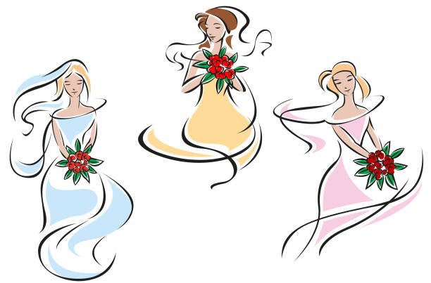 Romantic brides in colorful wedding dresses Romantic brides in colorful wedding dresses holding bouquets of red roses in outline sketch style silhouette of a prom dress sketches stock illustrations