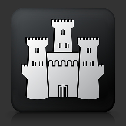 Black Square Button with Castle Icon. This royalty free vector image features a white interface icon on square black button. The vector button has a bevel effect and a light shadow. The image background is dark grey and the button has a light reflection.