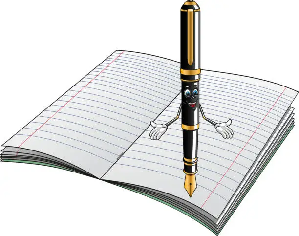 Vector illustration of Fountain pen cartoon character with notebook