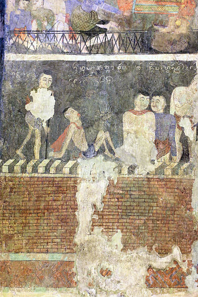 istock Ancient Buddhist temple mural depicting a Thai daily life scene 475913787