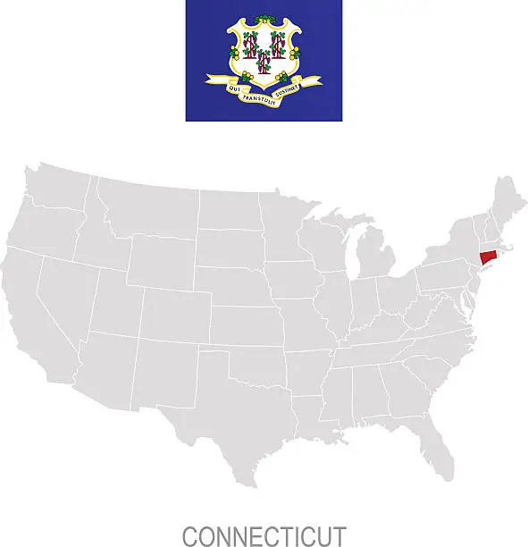 Vector illustration of Flag of Connecticut and location on U.S. map