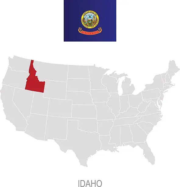 Vector illustration of Flag of Idaho and location on U.S. map