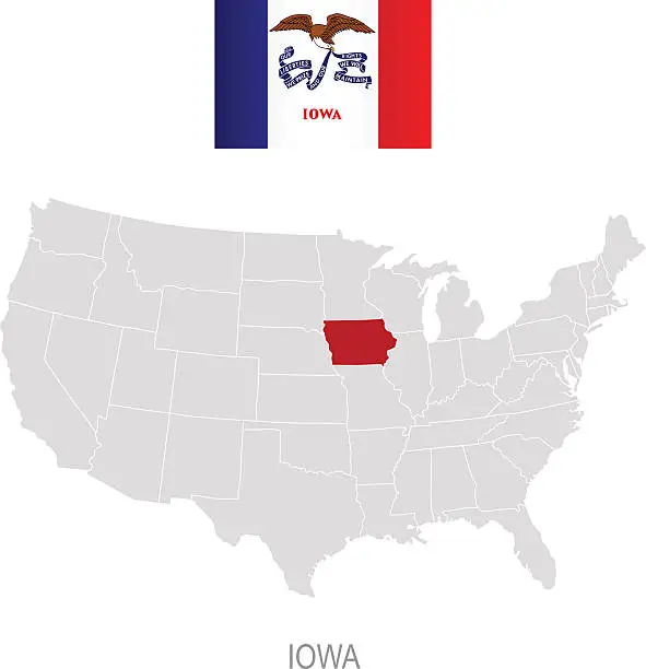 Vector illustration of Flag of Iowa and location on U.S. map