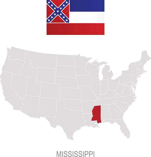 Vector illustration of Flag of Mississippi and location on U.S. map