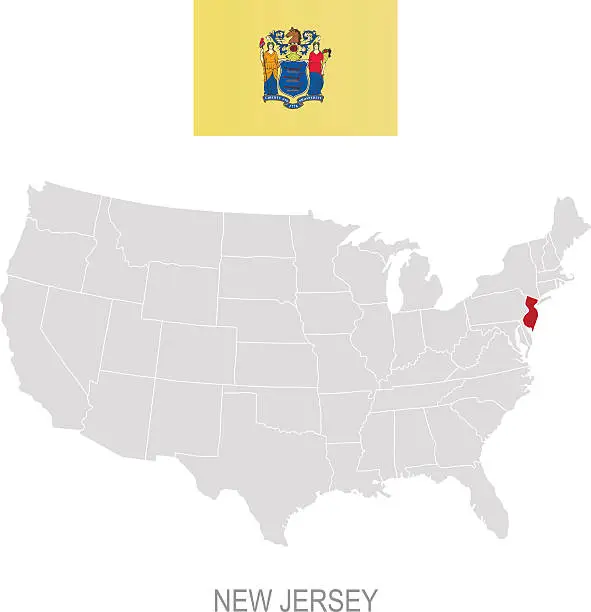 Vector illustration of Flag of New Jersey and location on U.S. map