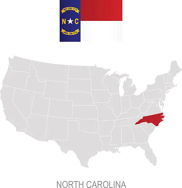 Vector illustration of Flag of North Carolina and location on U.S. map