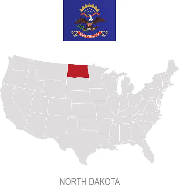 Vector illustration of Flag of North Dakota and location on U.S. map