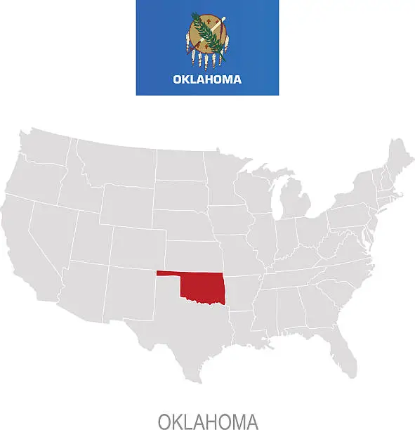 Vector illustration of Flag of Oklahoma and location on U.S. map