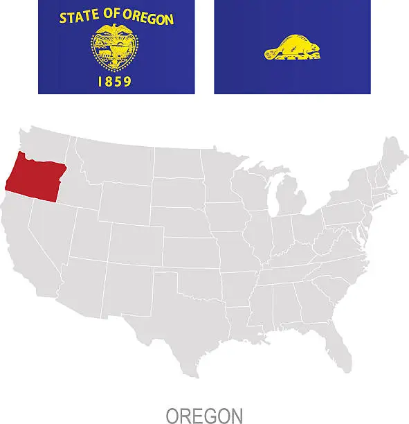 Vector illustration of Flag of Oregon and location on U.S. map