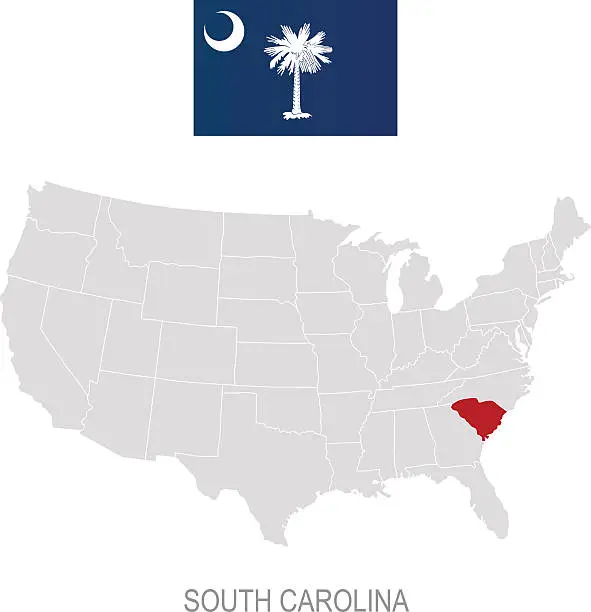 Vector illustration of Flag of South Carolina and location on U.S. map