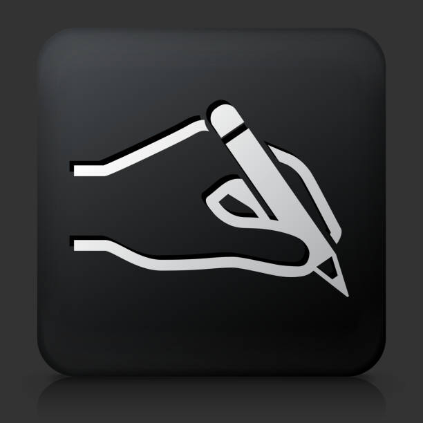 ilustraciones, imágenes clip art, dibujos animados e iconos de stock de botón negro cuadrado con mano agarrando un lápiz - pencil human hand black backgrounds