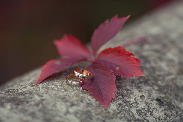 istock Golden wedding rings shabby background 475916626