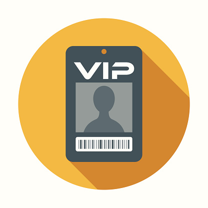 A trendy flat design style VIP badge icon with a long shadow. Download includes RGB JPEG at 4000px and a fully editable AI10 vector EPS file.