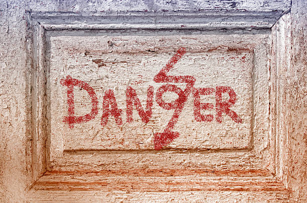 istock texture of old door with inscription danger 475919071