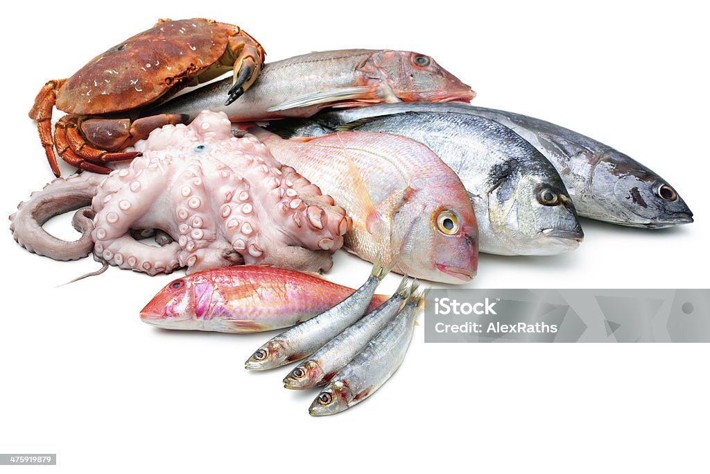 Meeresfrüchte, isoliert auf weißem Hintergrund - Lizenzfrei Fischhändler Stock-Foto