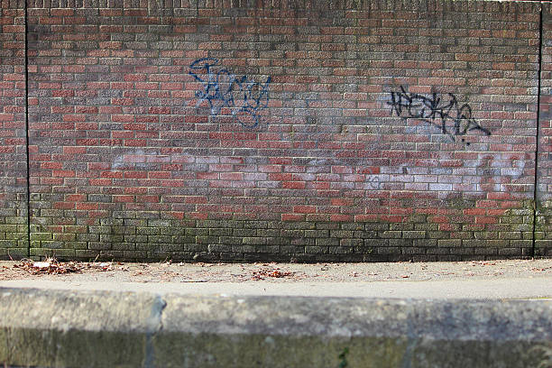 istock Image of pavement, road, dirty wall with red bricks / graffiti 475920542