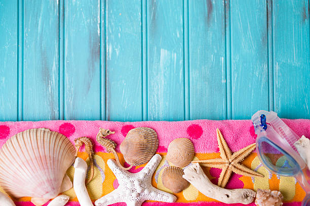 istock Summer vacation scene. Seashells on beach towel. Blue background. 475923828