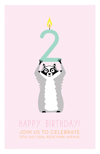 Little raccoon holding up a candle on pink striped background. The candle has the form of the number two. The background is pink with diagonally white stripes. On the bottom there is a text written: 