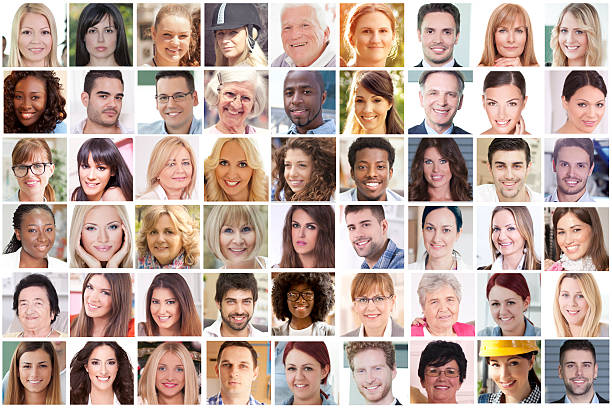 Portraits of faces A collage of 54 head shots of people of various ages, ethnic and backgrounds grid pattern stock pictures, royalty-free photos & images