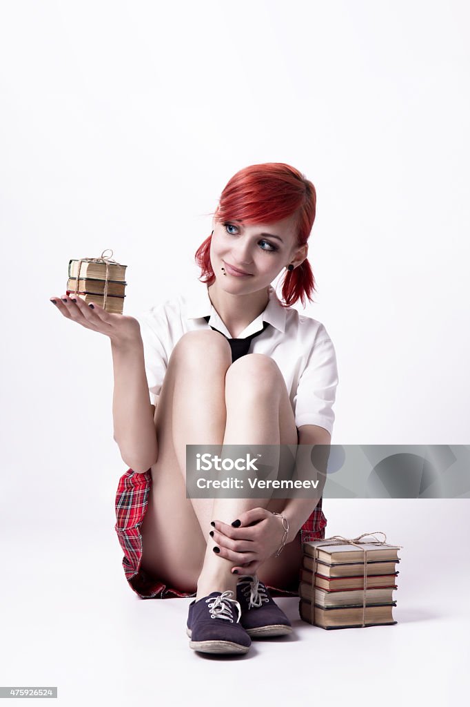 Beautiful Girl In Anime Style With Stacks Of Books Stock Photo - Download  Image Now - 2015, Adult, Black Color - iStock