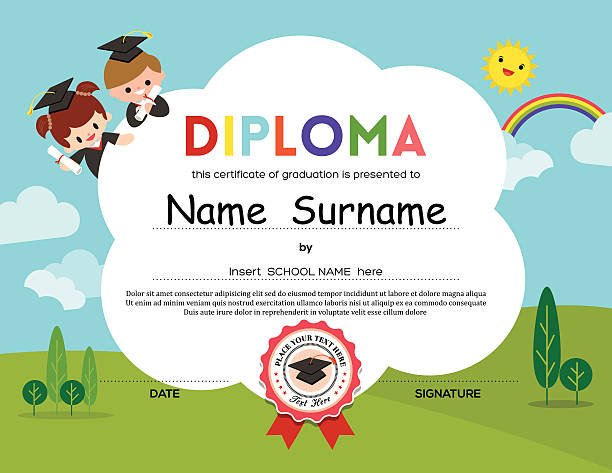 Preschool Elementary school Kids Diploma certificate background Preschool Elementary school Kids Diploma certificate background design template graduation gift stock illustrations