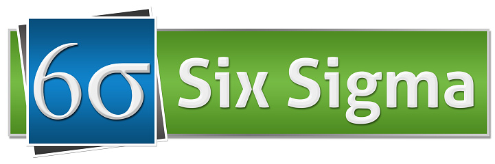 Six Sigma concept image with text and symbol over green blue background.