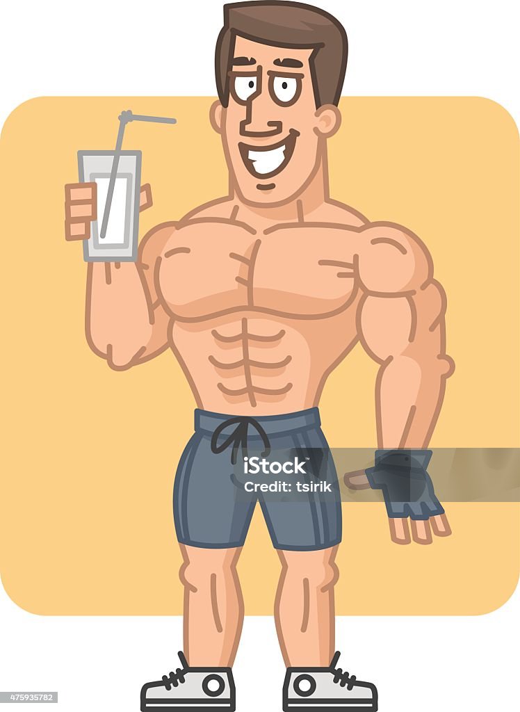 Bodybuilder holding glass cocktail protein Illustration, bodybuilder holding glass cocktail protein, format EPS 8 Protein Drink stock vector