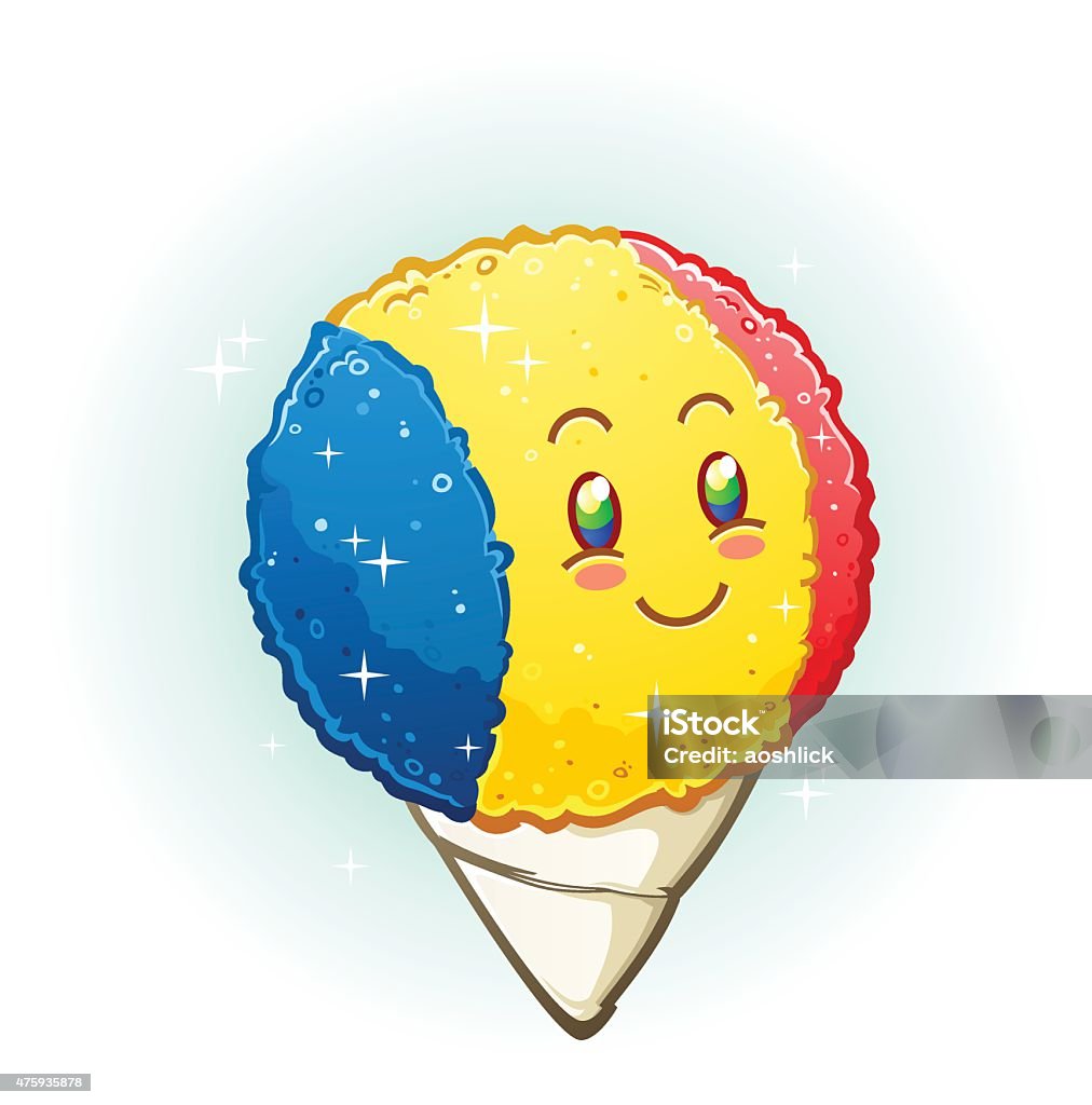 Snow Cone Cartoon Character Smiling with Rosy Cheeks A snow cone cartoon character with a bright cheerful smile and rosy cheeks with blue, yellow and red flavoring Snow Cone stock vector