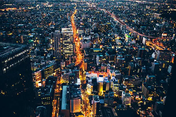 Aerial view to Nagoya downtown by night.