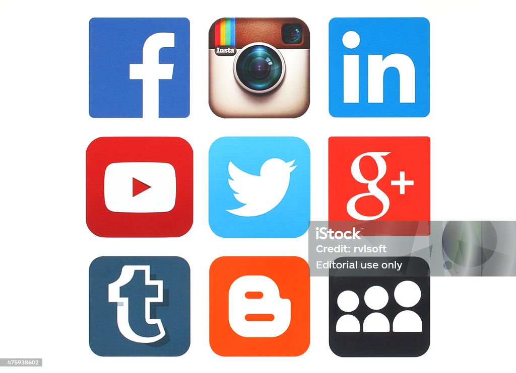 Collection of popular social media logos printed on paper Kiev, Ukraine - May 12, 2015:Collection of popular social media logos printed on paper:Facebook, Twitter, Google Plus, Instagram, MySpace, LinkedIn, YouTube, Tumblr and Blogger LinkedIn Stock Photo