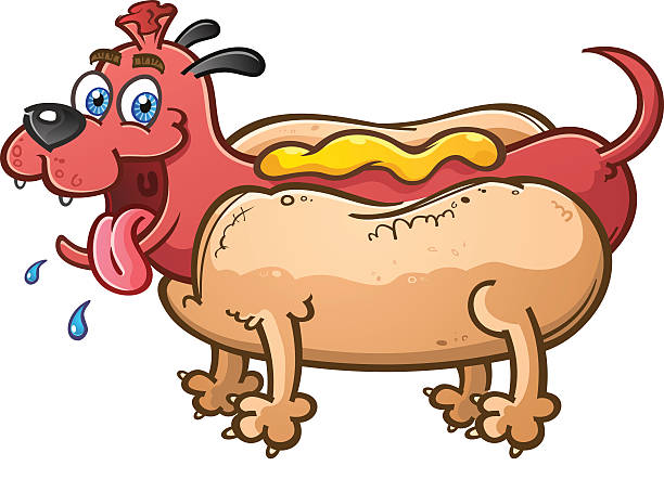 hot dog welpen comic-figur - wearing hot dog costume stock-grafiken, -clipart, -cartoons und -symbole