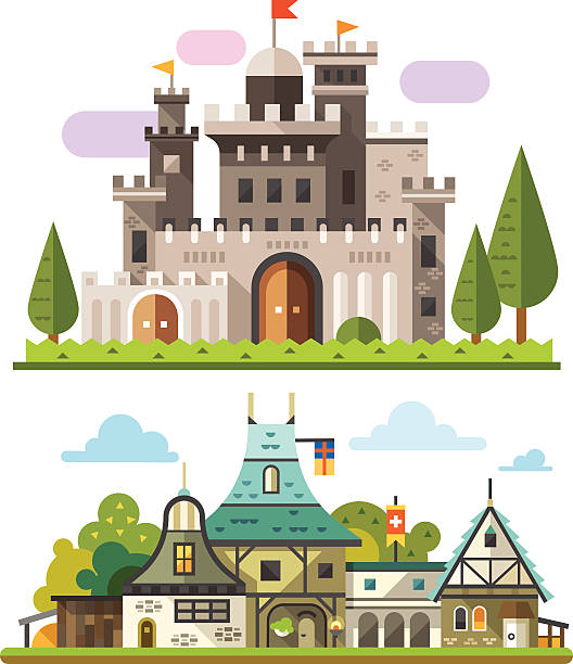 ilustraciones, imágenes clip art, dibujos animados e iconos de stock de medieval stone fortaleza - castle fairy tale palace forest