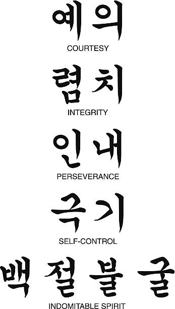 ilustrações, clipart, desenhos animados e ícones de cinco princípios de taekwondo (cortesia, integridade, perseverança, auto-contol, indomitable espírito) - língua coreana