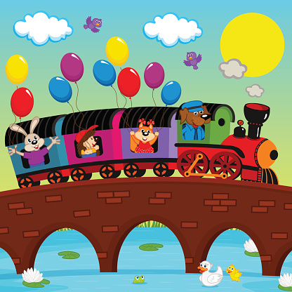 train on bridge with animals - vector illustration, eps